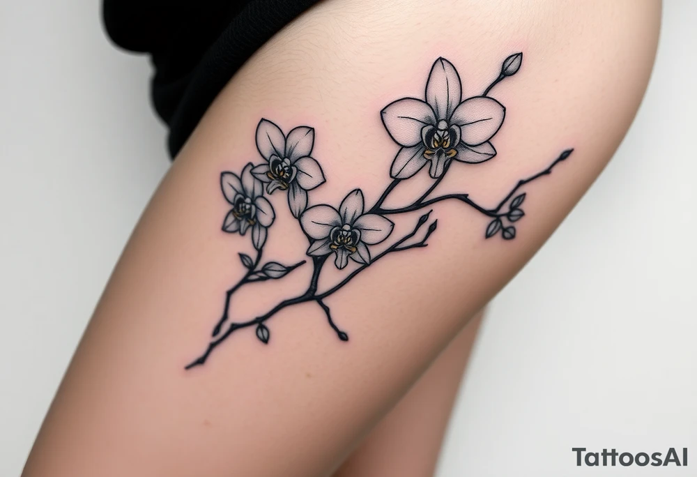 Five delicate fine line orchids different size realistic and a mix of vagina. Are connected with branches tattoo idea