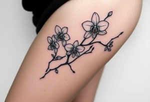 Five delicate fine line orchids different size realistic and a mix of vagina. Are connected with branches tattoo idea