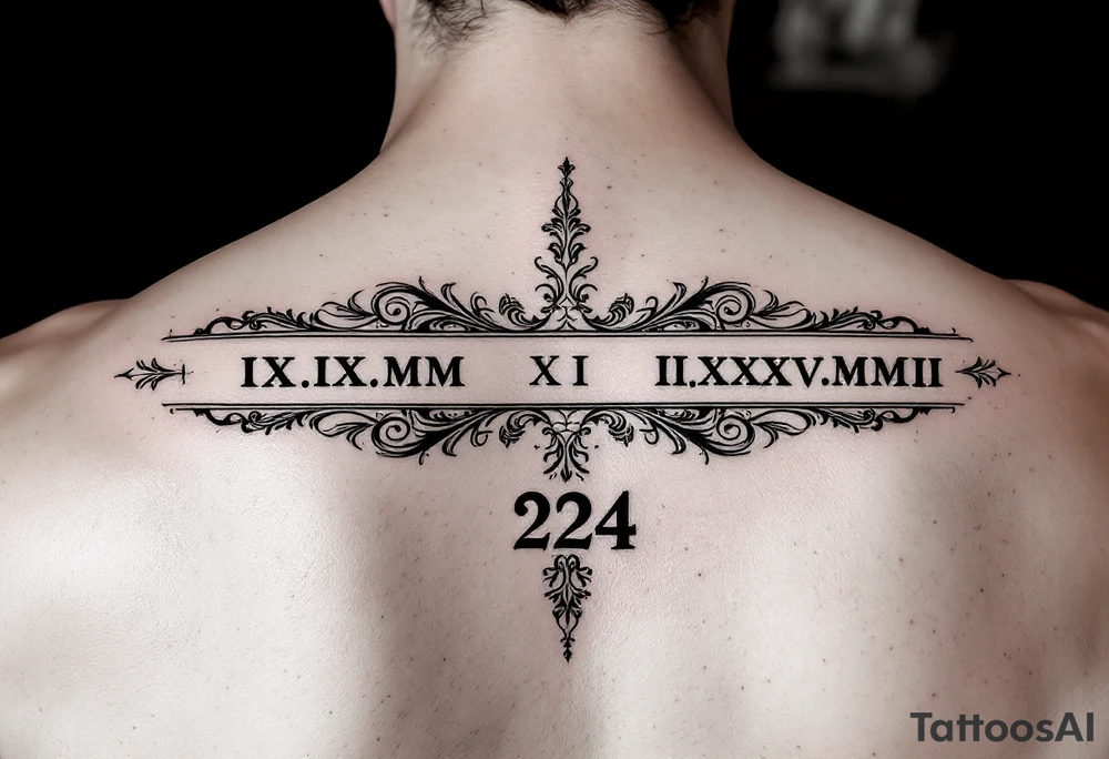 Roman numeral dates IX.IX.MM and II.XXV.MMII with a space between them in a balanced and symmetrical layout, along with the number 224 tattoo idea