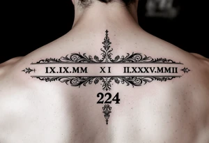 Roman numeral dates IX.IX.MM and II.XXV.MMII with a space between them in a balanced and symmetrical layout, along with the number 224 tattoo idea