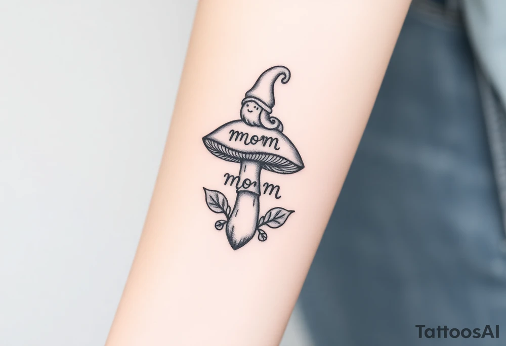 Mushroom with word mom on it with gnome sitting on top tattoo idea