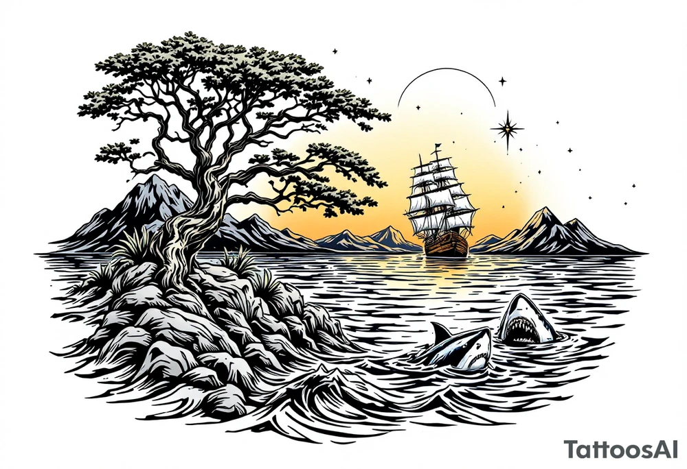 tattoo that has an acacia tree with mountains, ocean with a ship wreck with sharks and the northern star tattoo idea