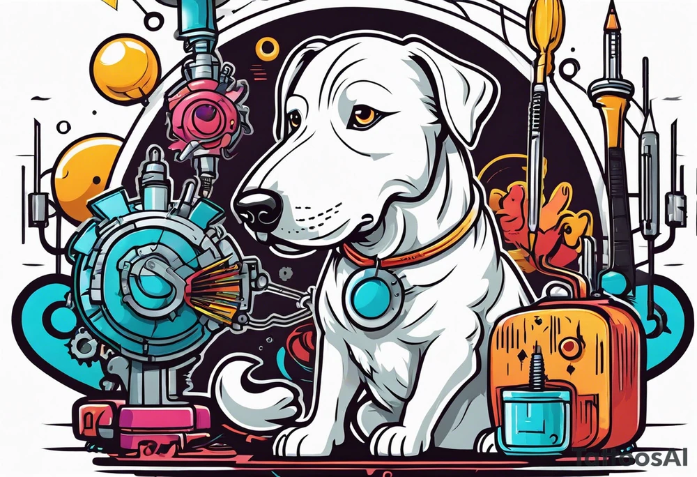 White dog fixing mechanical brain with screwdriver tattoo idea