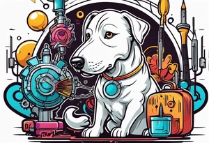 White dog fixing mechanical brain with screwdriver tattoo idea