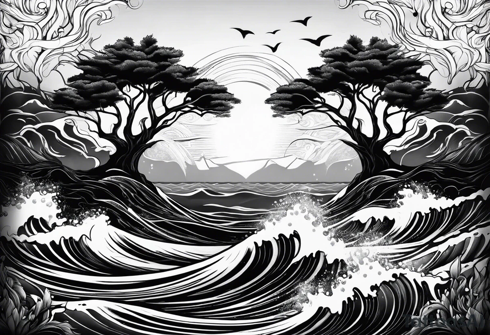 concept design, trees, ocean waves, flames tattoo idea concept design, trees, ocean waves, flames tattoo idea