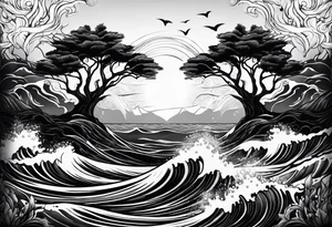 concept design, trees, ocean waves, flames tattoo idea