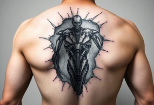 Torn skin revealing a bionic structure of the machine underneath that follows regular human anatomy but is unnatural tattoo idea