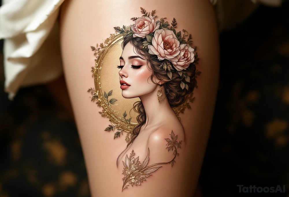 Alfons Mucha’s romantic vision of femininity, dressed in soft gold with a crown of dusty pink peonies and olive filigree. tattoo idea