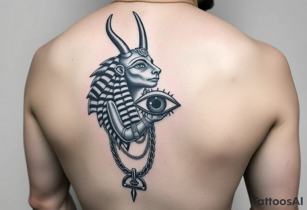 "Anubis as a 1990s L.A. gangster: gold chains, Crip bandana. His staff is a satellite antenna. Floating Eye of Horus is a blockchain audit log.  

Style: Hyper-detailed blackwork. Thigh/calf placement." tattoo idea
