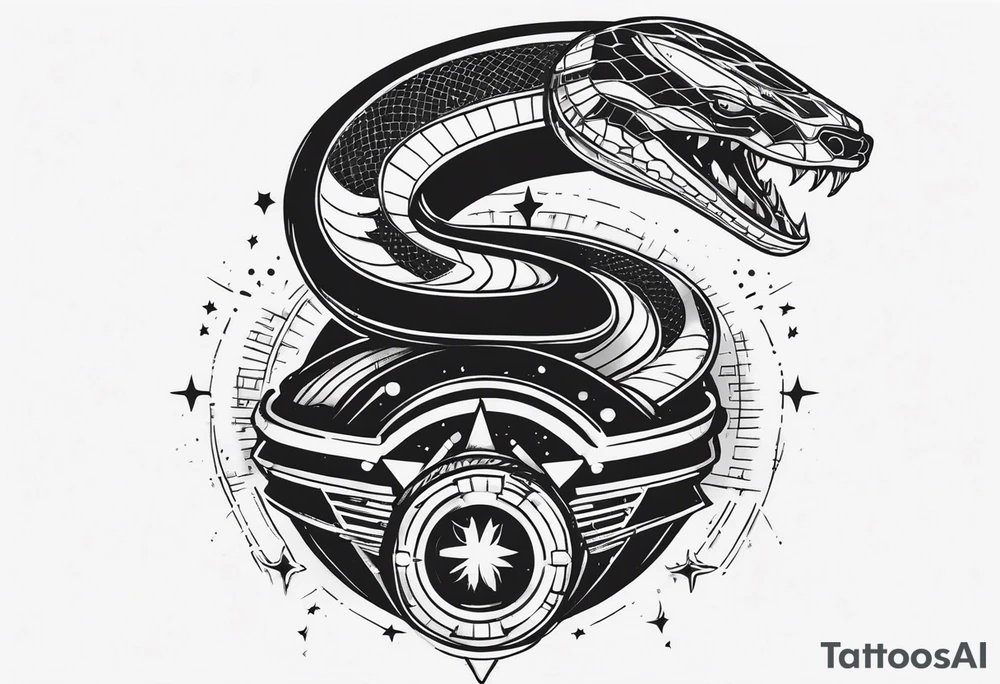 Aggresive Snake with an engine, also the design must be vertical. Also, the desing must be minimalistic not saturated. Remember the vertical proportion of the design. Within the design appears a spaceship with stars and bullets tattoo idea