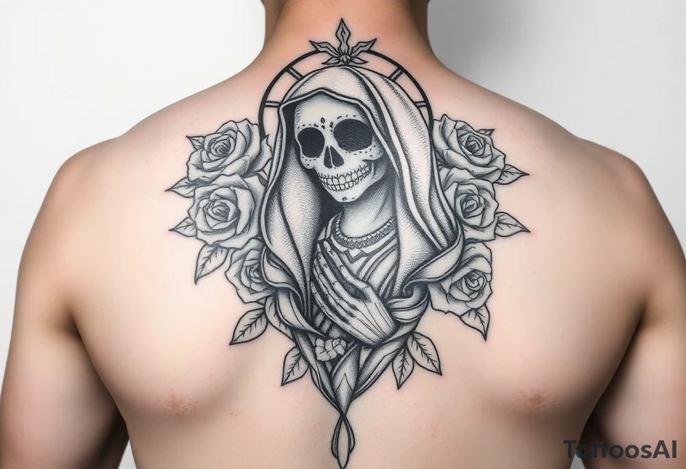 Santa muerte surrounded by roses tattoo idea