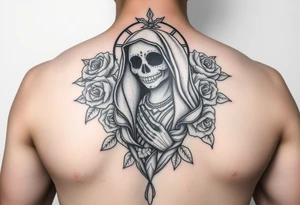 Santa muerte surrounded by roses tattoo idea