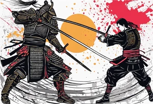 cyberpunk samurai and human samurai in a duel right after first strike human slashes through robot with big fluid splatter tattoo idea