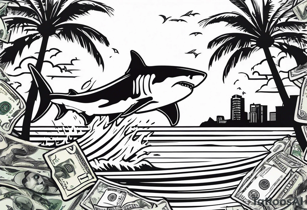Great white shark, palm trees, money tattoo idea
