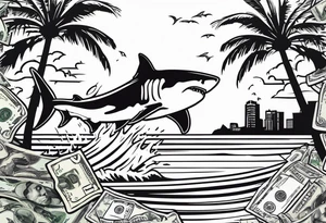 Great white shark, palm trees, money tattoo idea