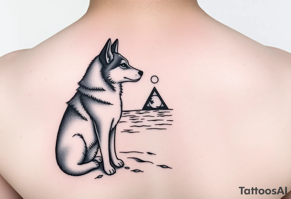 smALL HUSKY LOOKING AT A TRIBAL MOON STANDONG IN THE SAND IN THE SEA WITH THE CONSTALATION OF SAGITARIUS PUT COLOR tattoo idea