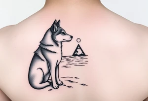 smALL HUSKY LOOKING AT A TRIBAL MOON STANDONG IN THE SAND IN THE SEA WITH THE CONSTALATION OF SAGITARIUS PUT COLOR tattoo idea