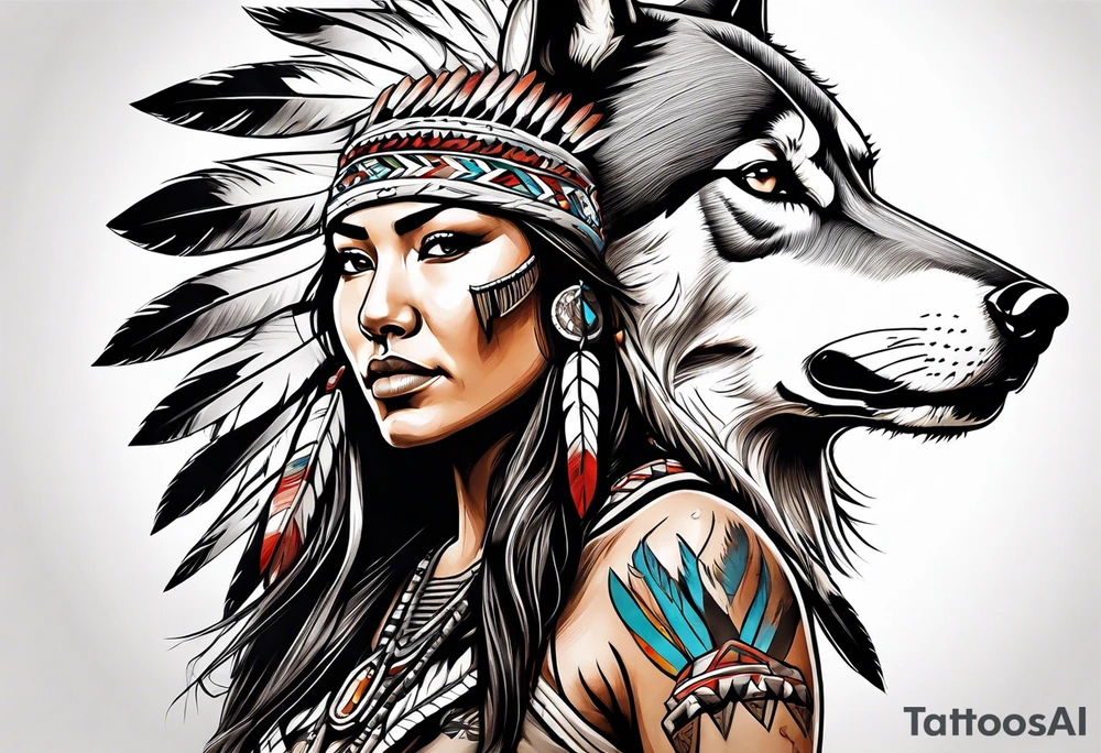 Female Native American warrior with wolf head hat tattoo idea