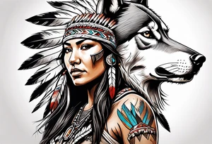Female Native American warrior with wolf head hat tattoo idea