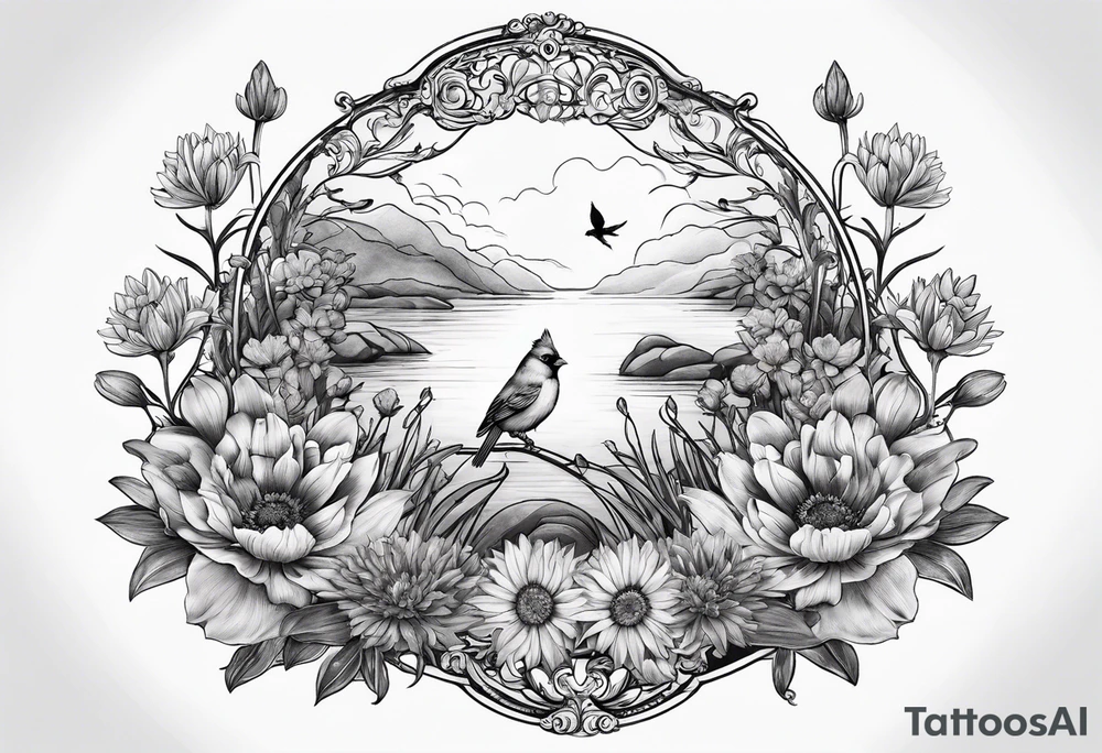 Oval shape with sea rocket and aster flowers with a small cardinal room in the center for a signature less ornate tattoo idea