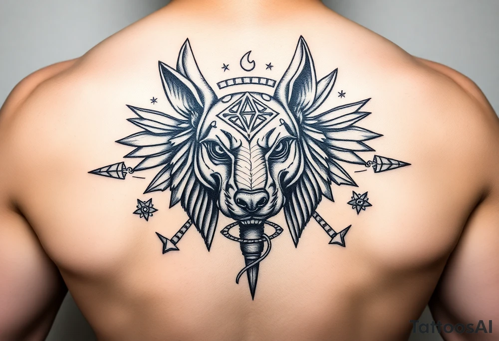 Egyptian Anubis god face muscle in Egypt style dog face surrounded Egyptian symbols tattoo idea