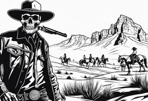 skeleton with a cowboy hat, holding a revolver, in the background there's a western hill and a man on a horseback tattoo idea