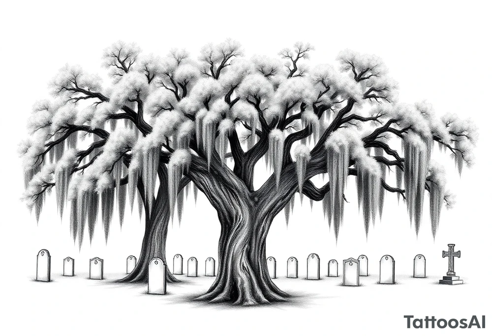Oak trees with Spanish moss in a cemetery tattoo idea