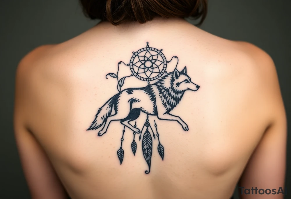 A wolf running through the woods, with dreamcatcher rings behind it tattoo idea
