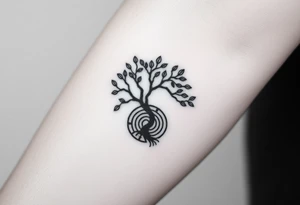 Tree with few leaves, with a SPIRAL line starting from the left side of tree and spiraling outward in a clockwise direction tattoo idea