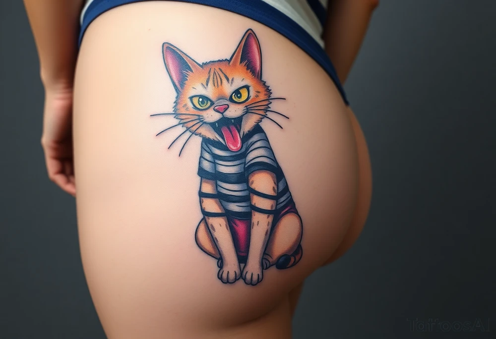 Design a tattoo of a high-quality full color illustration in a surrealism style. The main element should an insane  cat wearing a straightjacket  that has its arms bound tight against its body .its sitting upright on its butt  wearing  a  skirt that is knee length and displaying a wild, crazy expression on its face.  , bulging eyes and tongue hanging out of  one side og its mouth ,very detailed, very colorful and  vivid ,it is depicting a cat locked in a facility for the mentally ill, highest quality tattoo . it  is placed on the buttock  of a young woman with a perfectly shaped firm butt, tattoo idea