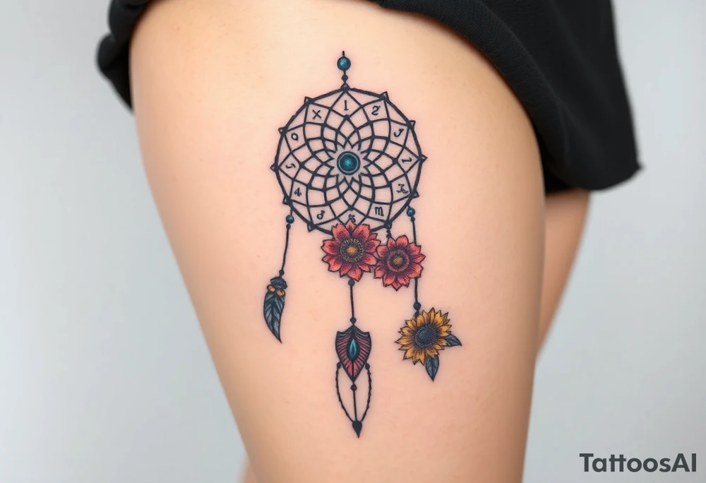 Dreamcatcher with zodiac symbols and protection runes caught in it with tigerlillies roses and sunflowers tattoo idea