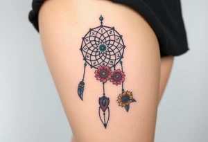 Dreamcatcher with zodiac symbols and protection runes caught in it with tigerlillies roses and sunflowers tattoo idea