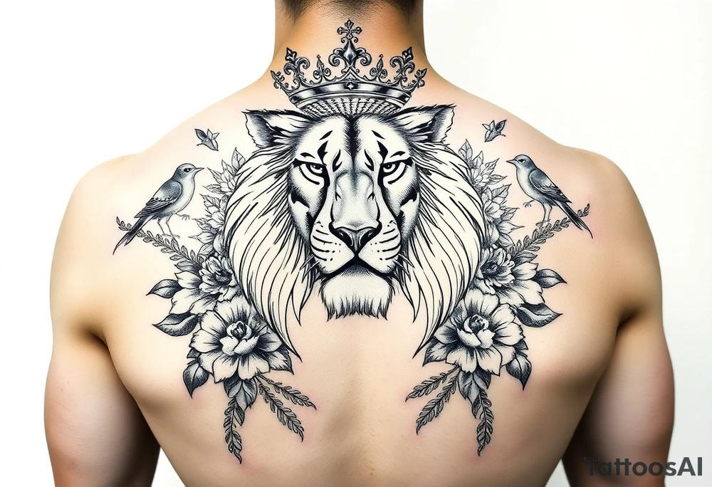 powerful majestic lion with a crown, surrounded by floral ornaments and birds tattoo idea