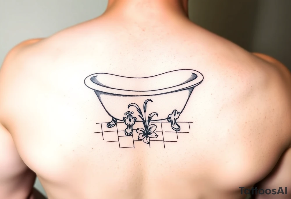 clawfoot bathtub with simple faucet and lily coming up out of the tile floor tattoo idea