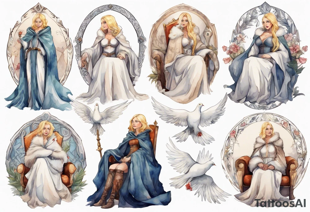 a 40-year-old medieval woman with blonde hair wearing a white fur cloak sitting on a throne with a dove on her shoulder tattoo idea