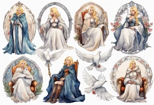 a 40-year-old medieval woman with blonde hair wearing a white fur cloak sitting on a throne with a dove on her shoulder tattoo idea