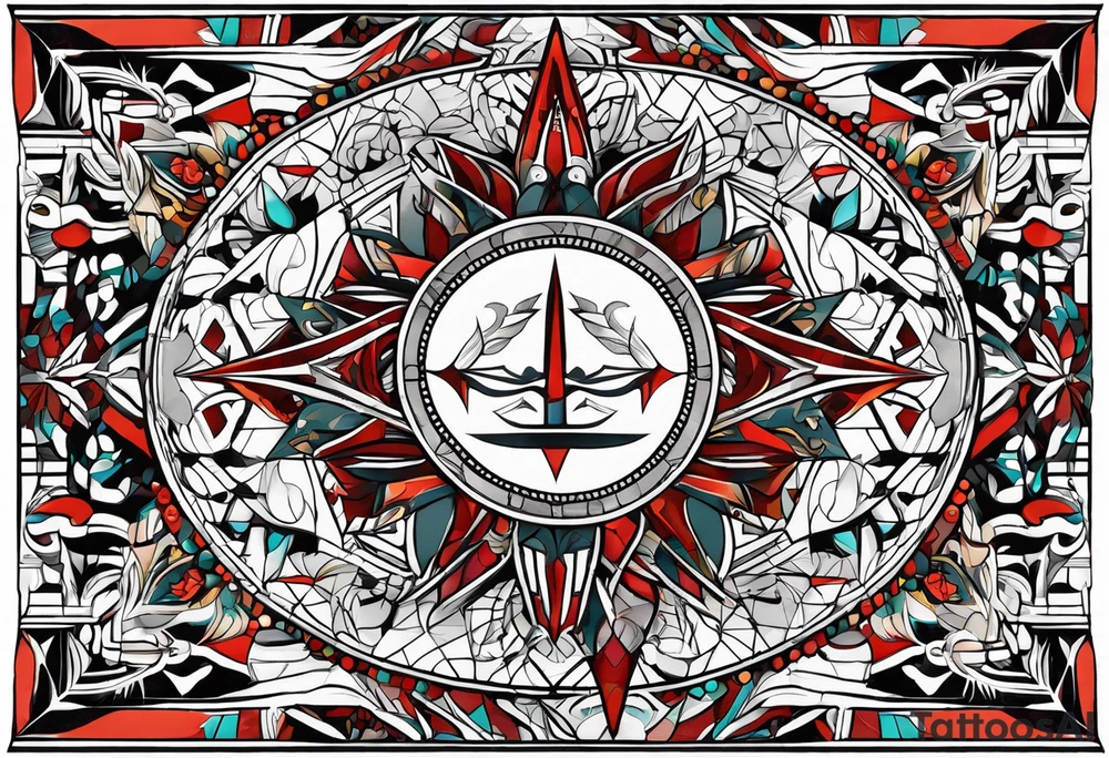 Geometric tapestry with trident and and marathon on arm tattoo idea