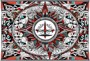 Geometric tapestry with trident and and marathon on arm tattoo idea