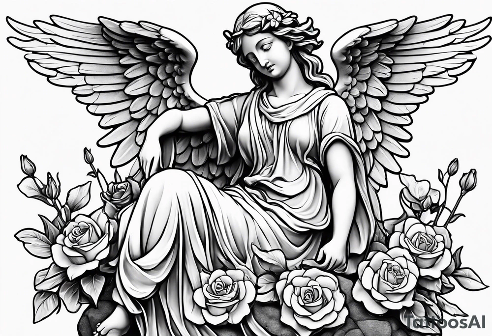 Simple Angel statue stood on a rock with daffodils and roses wrapped around its legs tattoo idea