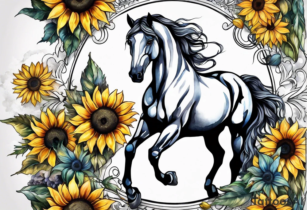 Horse, compass, sunflower tattoo idea