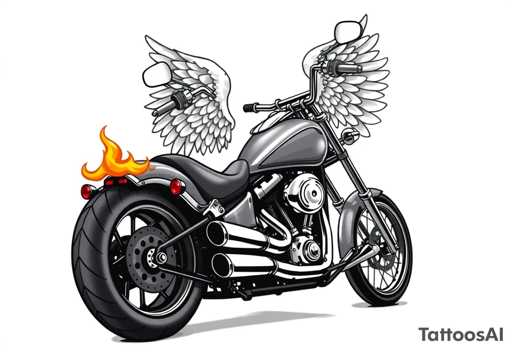 Low rider grey motorcycle, big muffler pipes with flames, angel wings, driving away, no person tattoo idea