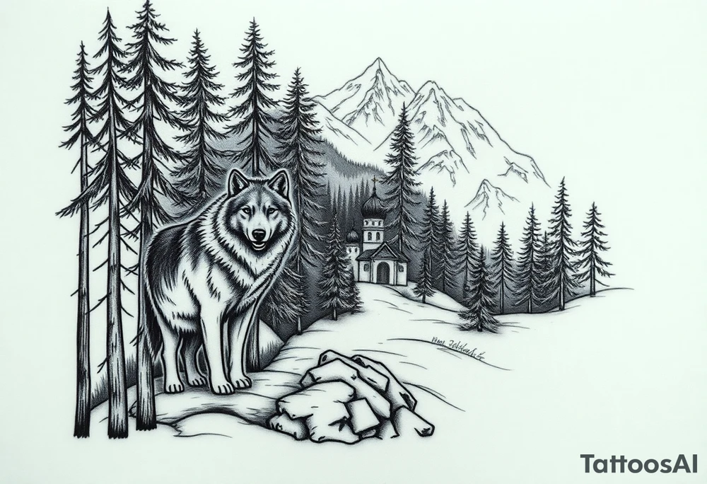 Nature/Landscape

Wolves in a pine forest (extending the tree line you already have)
A Russian bear emerging from the treeline
Snow-capped mountains behind the church scene tattoo idea
