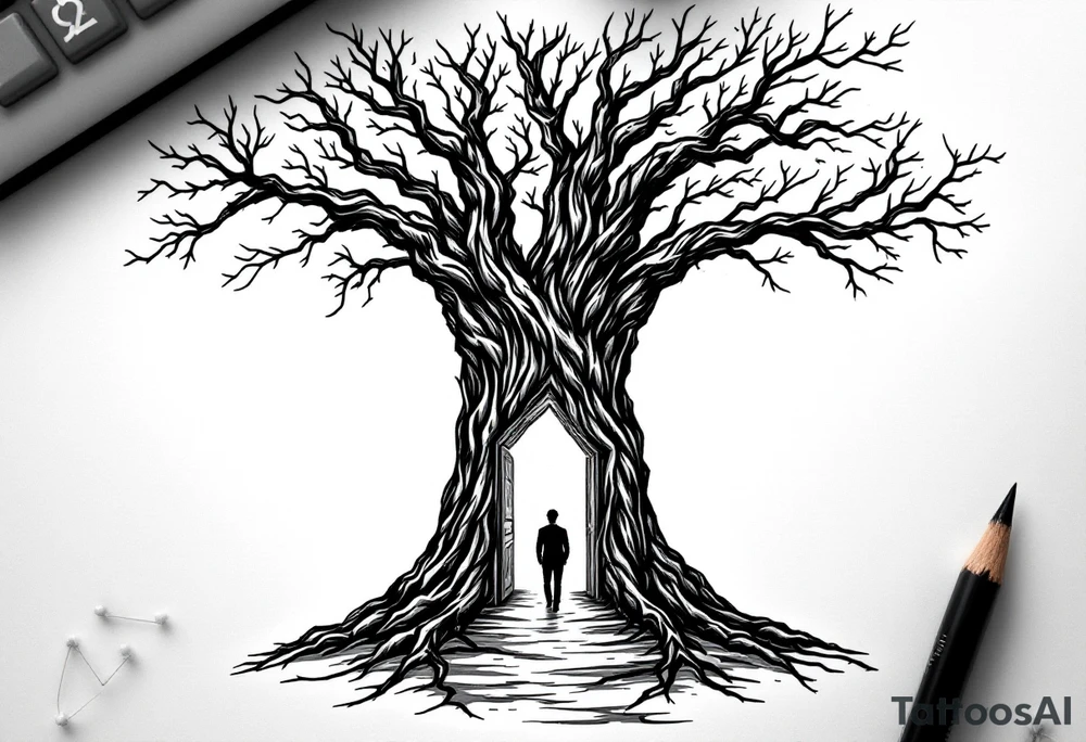 Back tattoo of a big tree with a door and a man walking through the door tattoo idea