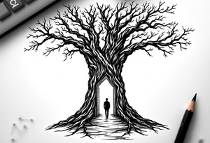 Back tattoo of a big tree with a door and a man walking through the door tattoo idea