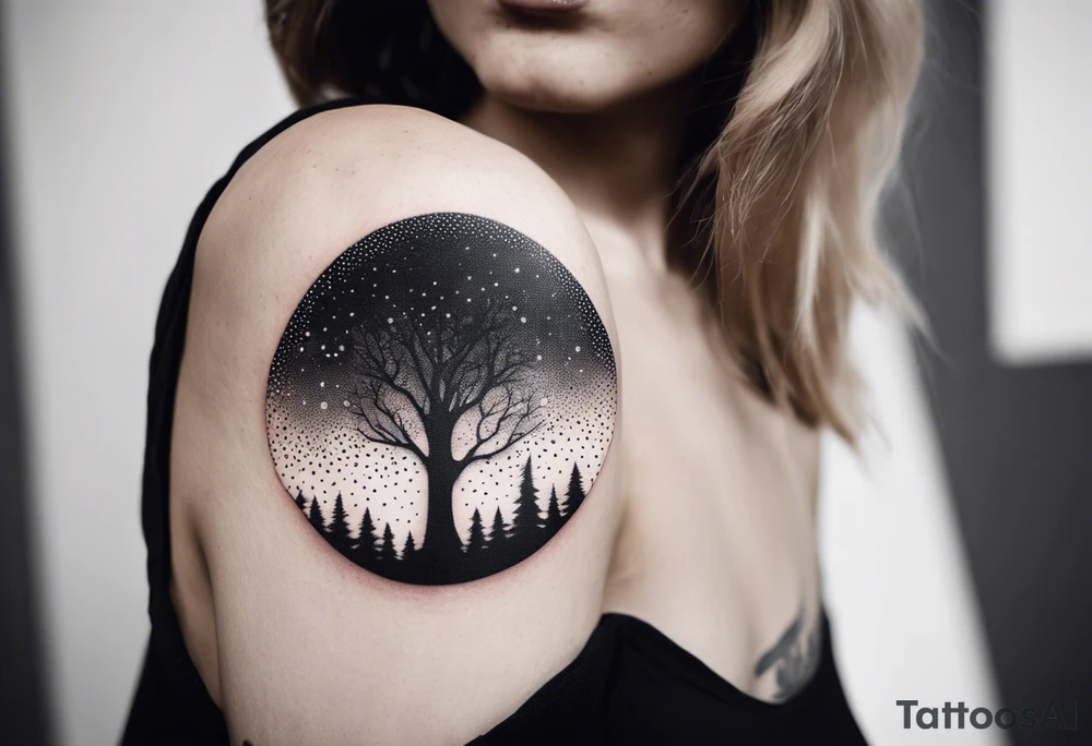 Wald silhouette mit geometric der blume des lebens im Hintergrund tattoo idea