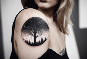 Wald silhouette mit geometric der blume des lebens im Hintergrund tattoo idea