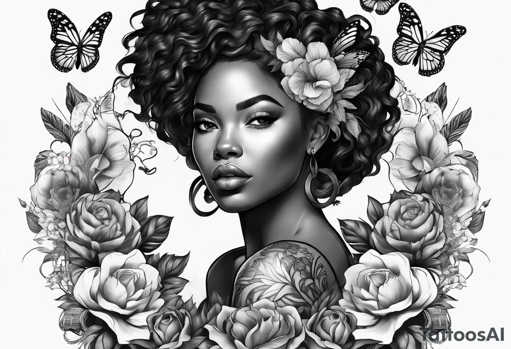 Full body black woman with a lion, butterflies and flowers tattoo idea