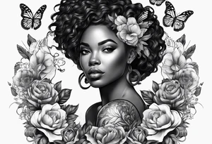 Full body black woman with a lion, butterflies and flowers tattoo idea