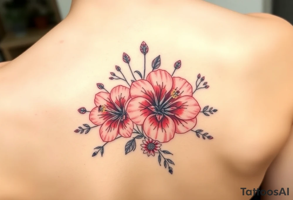 vintage bouquet of wild hibiscus
 and meadow flowers with morning dew tattoo idea