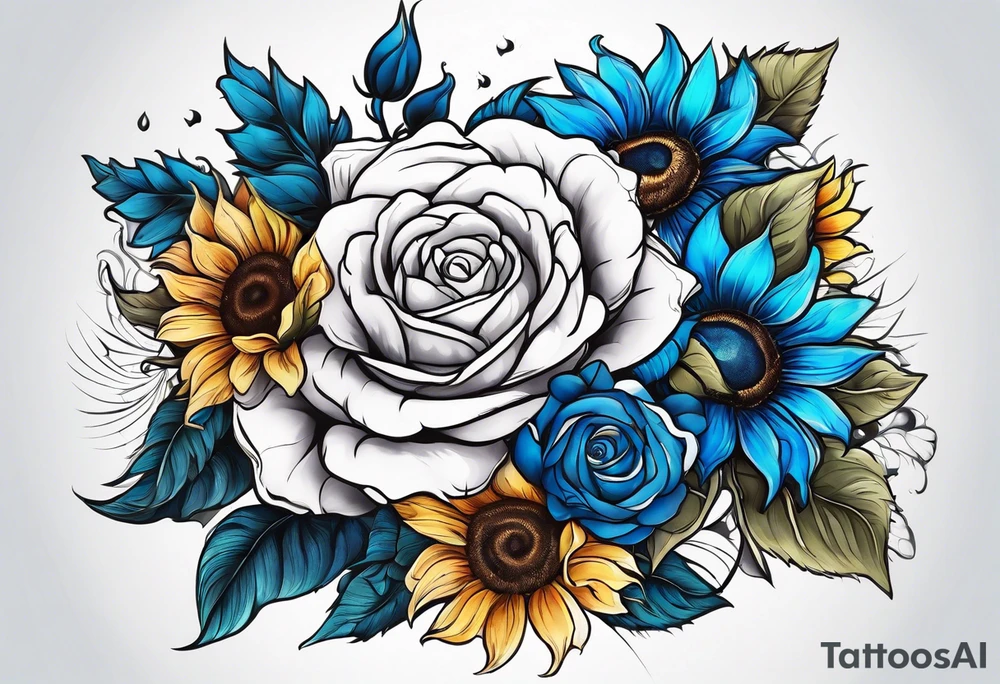 animal flower rose and blue, sunflower, tattoo idea